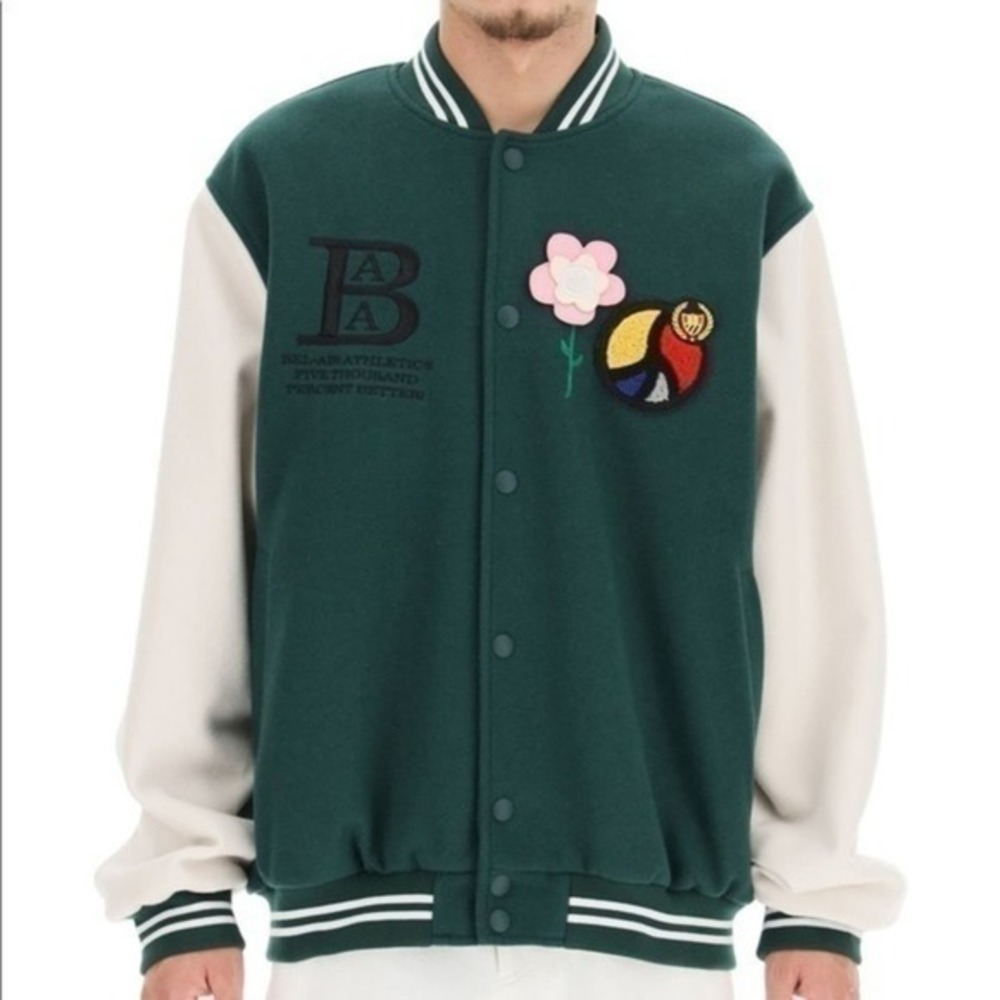 Bel-Air Athletics Green College Bomber Jacket With Peace Floral Appliqué 2XL NWT